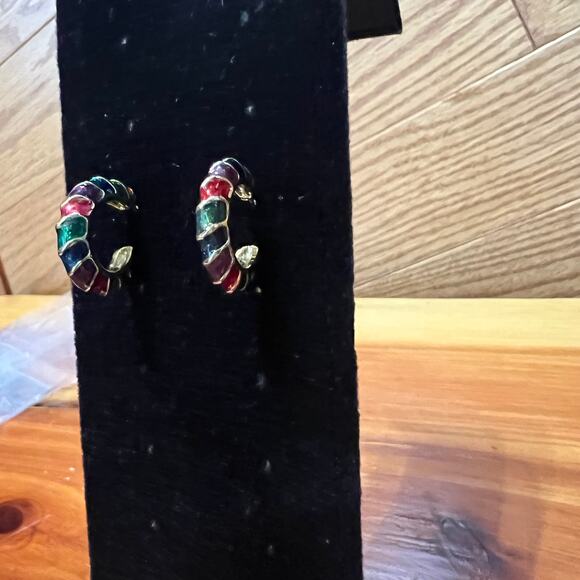 Vintage Rainbow Striped Hoop Pierced Earrings Christmas Candy Canes Gold Tone - Picture 3 of 8